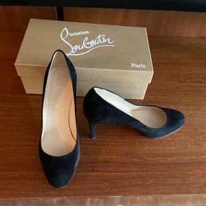 Black suede Christian Louboutin 4” heel and round toe
